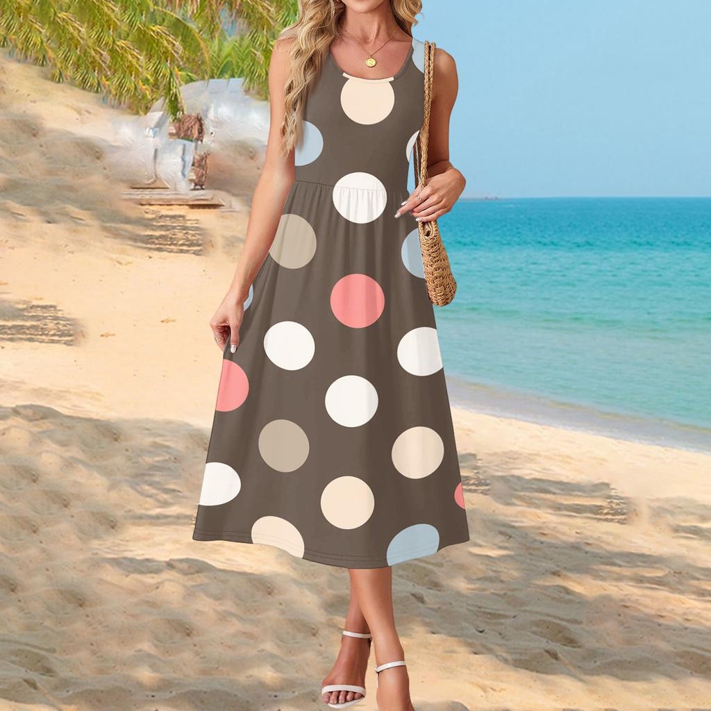 Women's Polka Dot Print Short Sleeve Midi Dress with Pockets for Beach Vacation and Casual Summer Wear