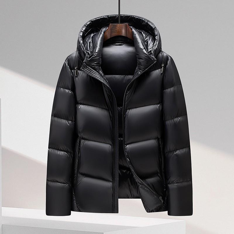 Mens Black Gold Hooded Down Jacket Mid-Length Warm Winter Coat 90% Duck Fill 86-90% Loft 600