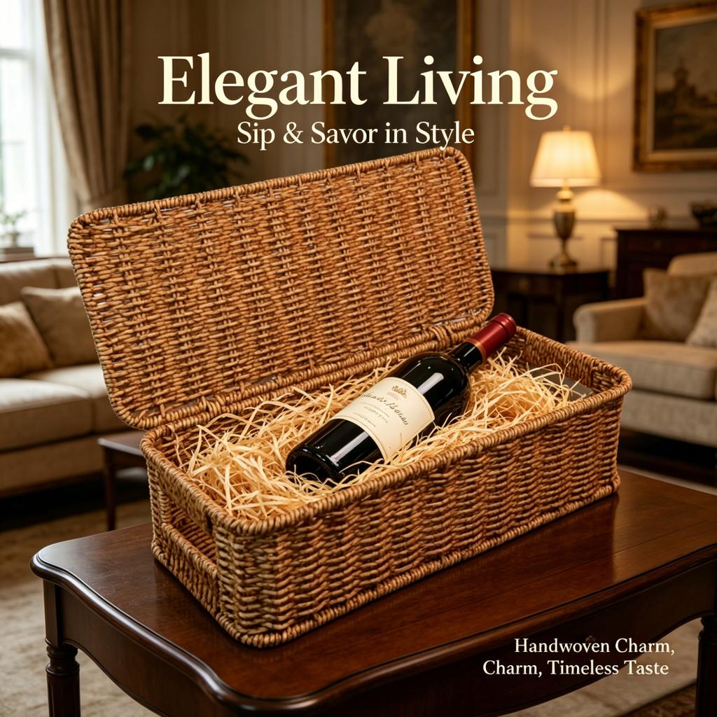 Handwoven Imitation Rattan Wine Basket with Lid Rustic Farmhouse Storage Box for Home Hotel Kitchen Bar Decor Wine Gift Basket