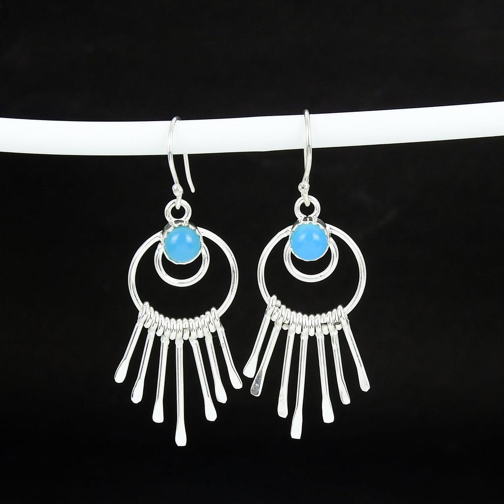 Blaue Chalcedon Edelstein Hängeohrringe 925 Sterlingsilber Ohrring, Handgefertigter Boho Silber Schmuck Hängeohrringe, Valentinstagsgeschenk