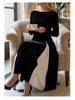 Women's European Color-Block Long-Sleeve Dress with Waist-Cinching and Elegant Long Skirt