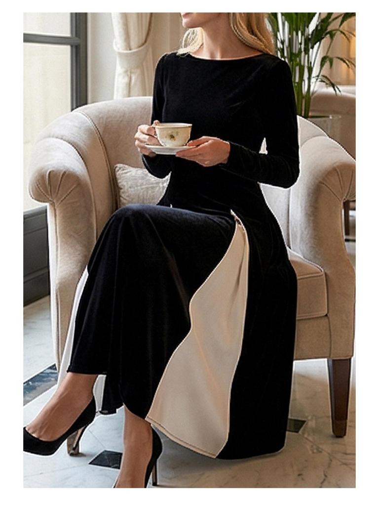 Women's European Color-Block Long-Sleeve Dress with Waist-Cinching and Elegant Long Skirt