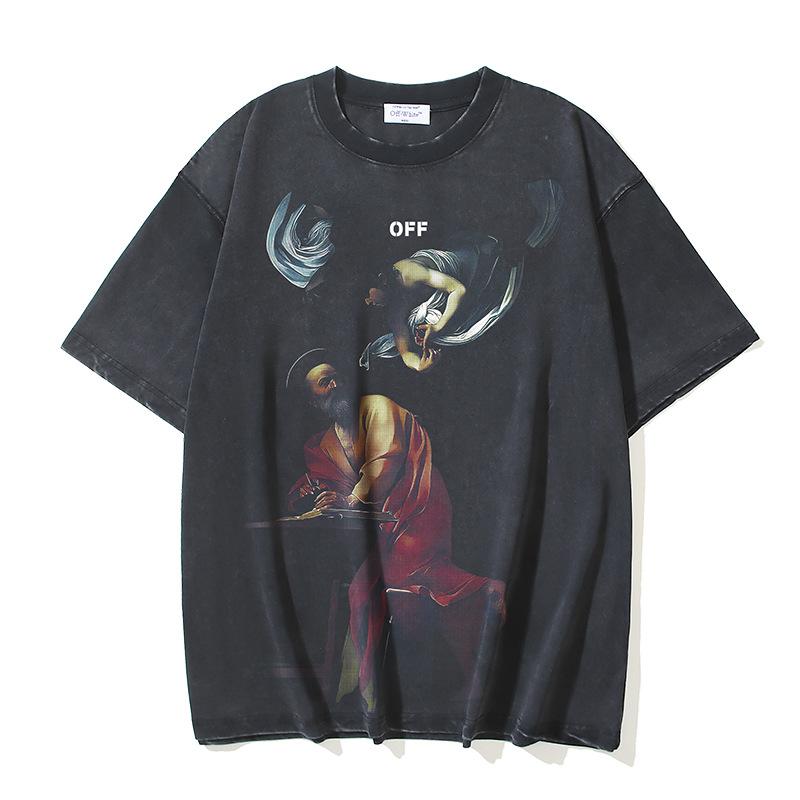 1200 Off-White 2025 Léto Nové Andělská červená Starý muž Náboženský Šíp Tištěné Tričko s krátkým rukávem pro Muže a Ženy