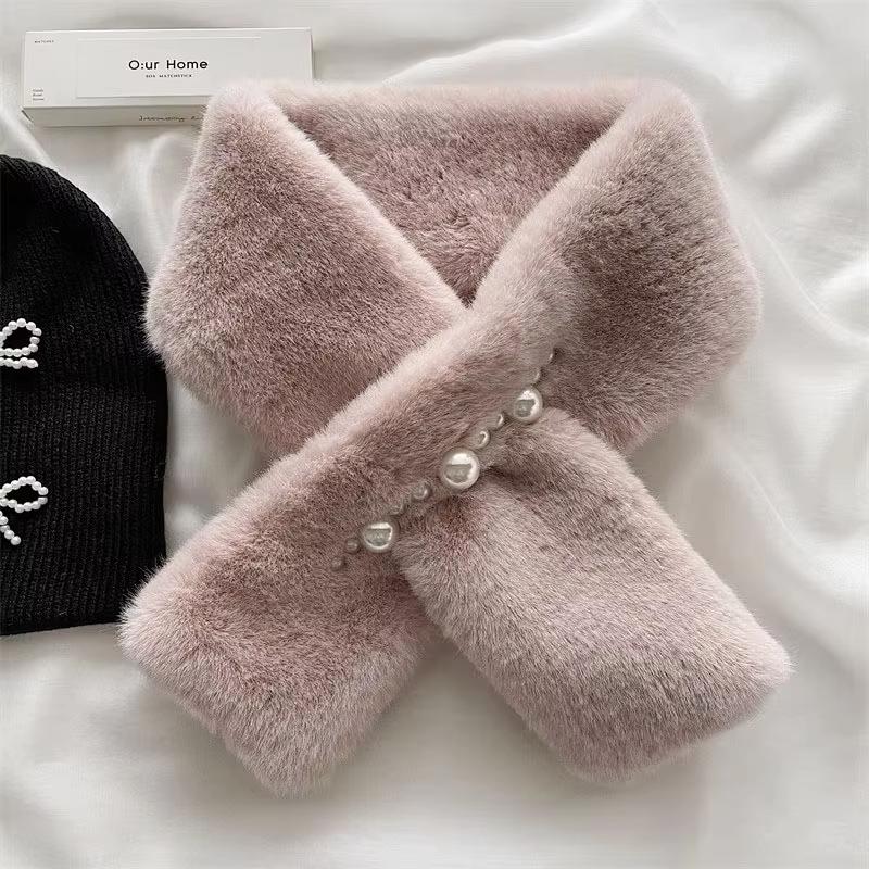 Damen Elegant Perle Plüsch Schal Einfarbig Kunstkaninchenfell Kreuzschal Snood JK Koreanische Mädchen Nackenwärmer Kragen Halstuch