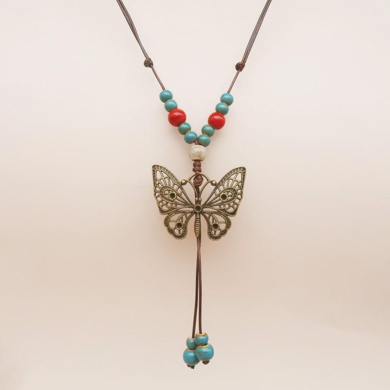 Concubine Butterfly Ethnic Style Ceramic Long Sweater Chain Female Antique Pendant Retro Chinese Style Butterfly Necklace