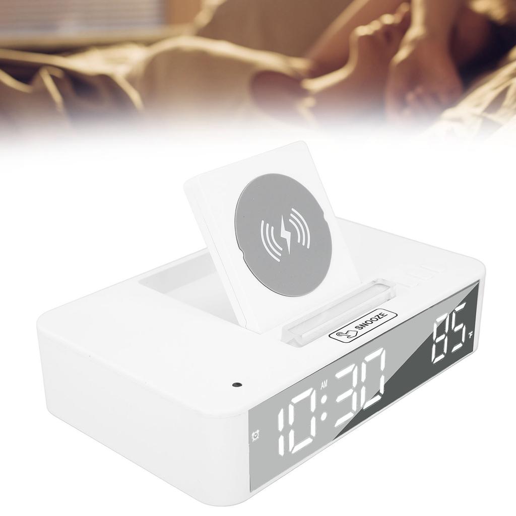 10W Digital Alarm Clock One Button Lifting LED Mirror Electronic Clock with 10W Wireless Charging for Bedroom
