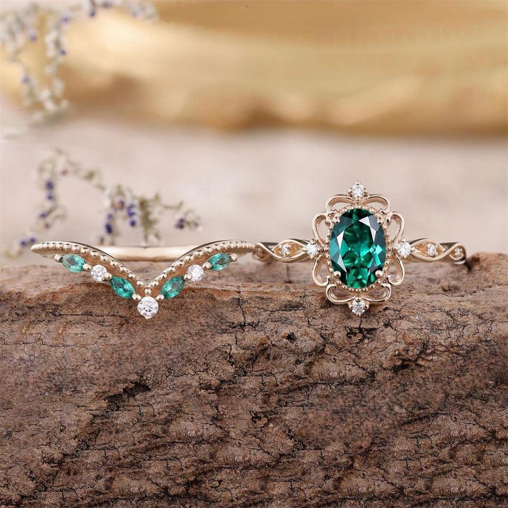 2Pcs/Set Fashion Rose Gold Color Rhinestone Zircon Rings For Women Green Crystal Rings Wedding Engagement Jewelry Gifts
