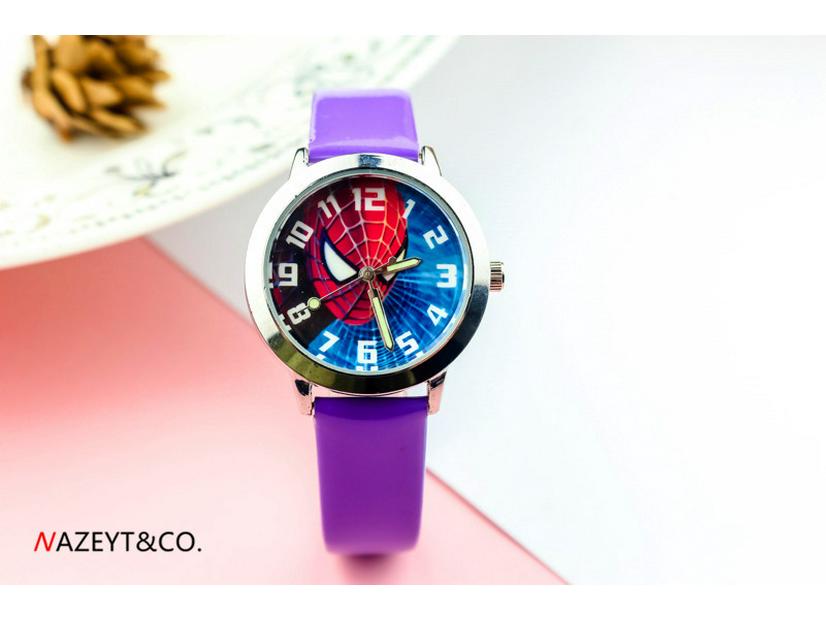 Детские мультяшные кварцевые часы «Человек-паук» со светящимися стрелками и кожаным ремешком фиолетовый