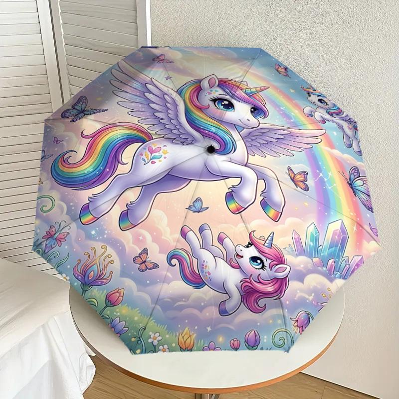1PC Unicorn Rainbow Umbrella-8-Rib Reinforced, Automatic Open, Lightweight & Durable, Fashion Accessory for Outdoor, J0406