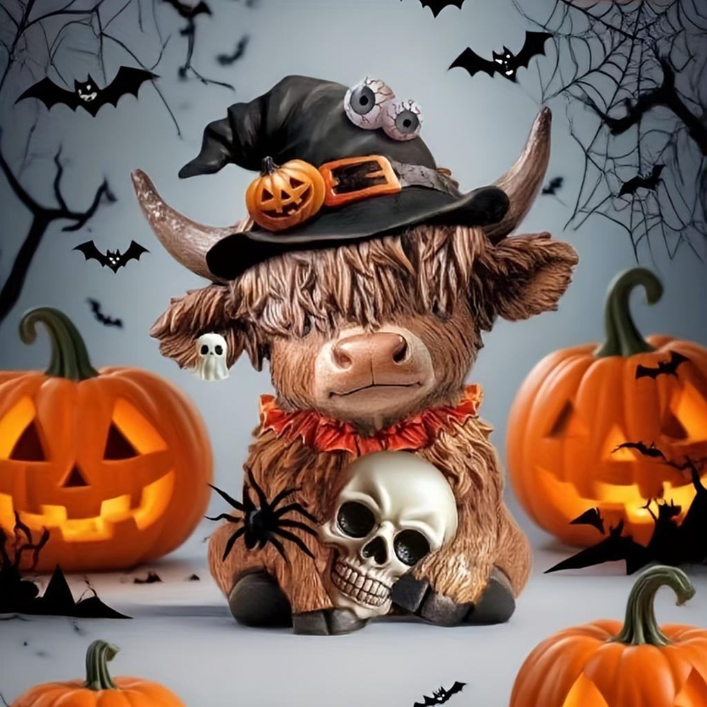 Halloween Highland Cow Holding Skull Pumpkin Resin Statue Festives Home Table Decors Ornament Resin Miniature Sculpture
