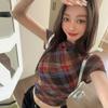 Y2k Vintage Mesh Tops Short Sleeve Plaid See Through T Shirt Women Streetwear 2000s Japanese Fariycore Tee Tops Summer