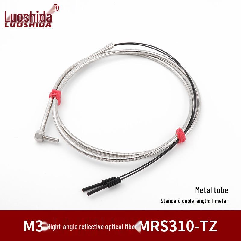 Metal Sheathed Fiber Optic Sensor Amplifier with Right Angle Elbow and Extended Reflective Through-Beam Cable