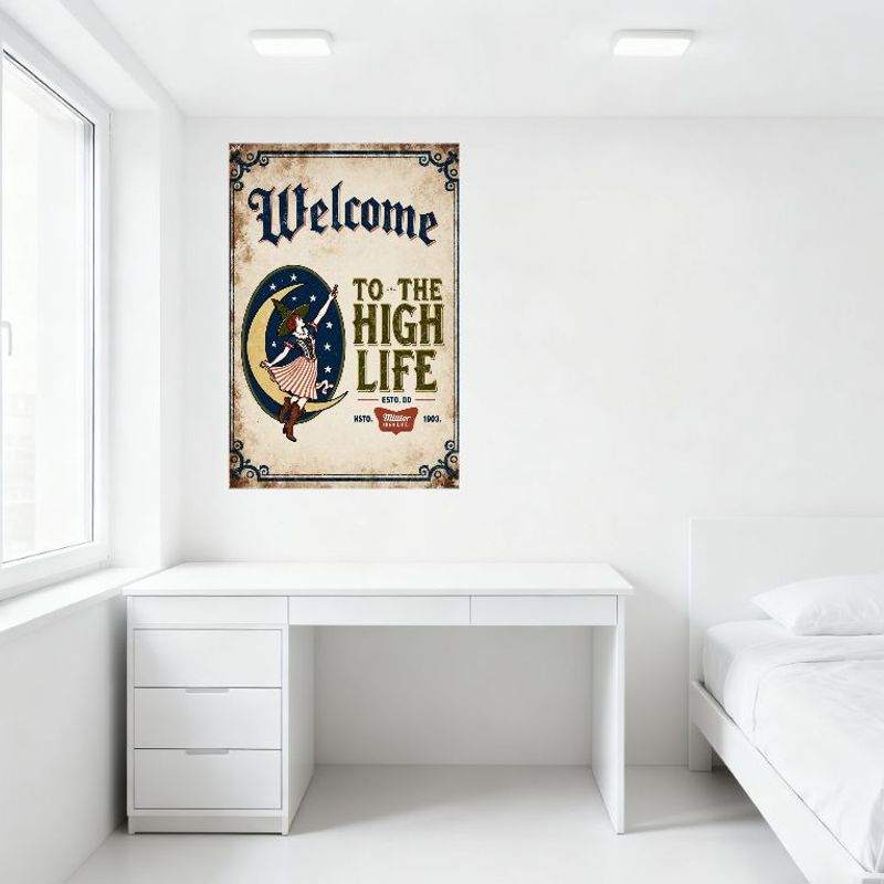 Vintage Witch Riding Crescent Moon Welcome to the High Life Metal Tin Sign Retro Distressed Wall Plaque for Bar Cafe Home Man Ca