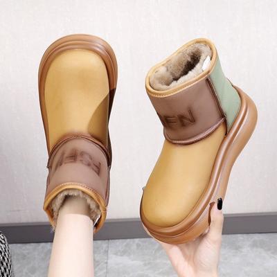 Leather Snow Boots Women's Winter New Fashionable Retro Waterproof and Non-slip Thick-soled Piled Thickened Cotton Shoes