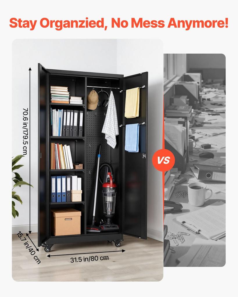 Metal Storage Cabinet, 179.5 cm Rolling Steel Garage Cabinet with Adjustable Shelves, 2 Magnetic Doors, Hanging Rod & 3 Rod Hooks, 5 Tiers Lockable