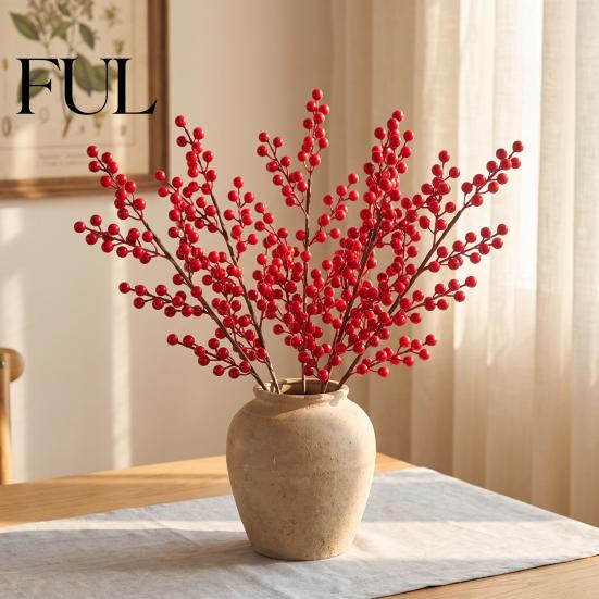 Artificial Holly Berry Branches Red Stems, Christmas Picks for Tree Decor, Realistic Stems Faux Winter Floral Decor Wreath Vase Indoor Home