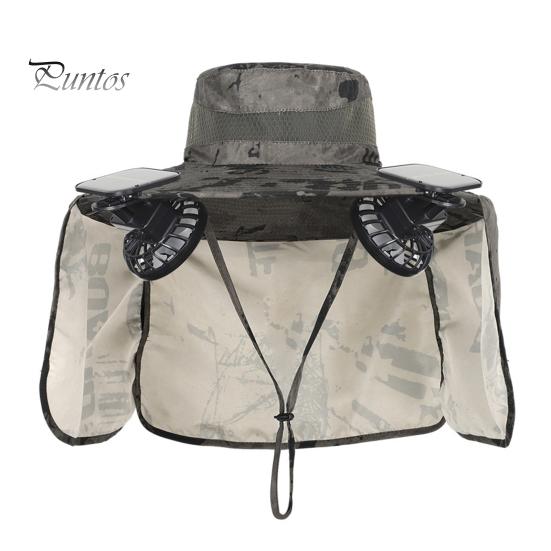 Solar Fan Hat with Neck Flap UPF 50+ UV Protection Hat with 2 Solar Fans Breathable Men Summer Outdoor Activities Fishing Wide Brim Bucket Cap