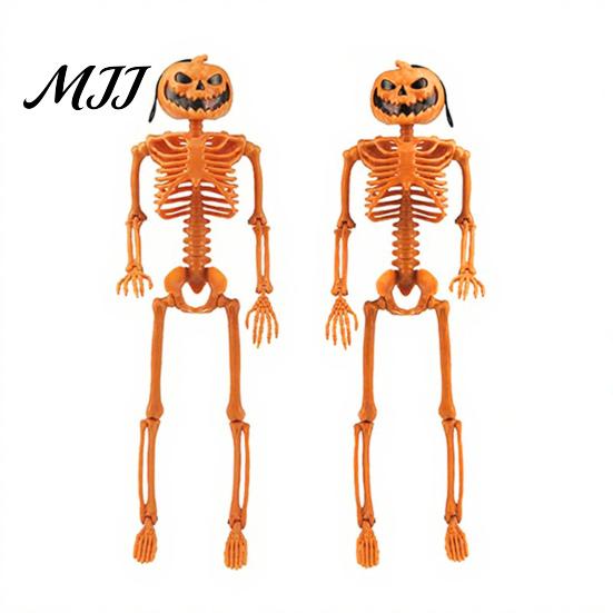Pumpkin Skull Prop 40cm Head Skeleton for Halloween Decoration, Movable Joint Spooky Party Supplies Figurine with Hanging Lanyard, Festive Statue