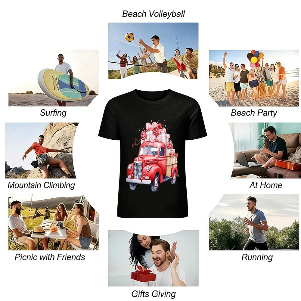 Vintage Red Truck Rose Gift Box Print Casual Top Pure cotton T-shirt