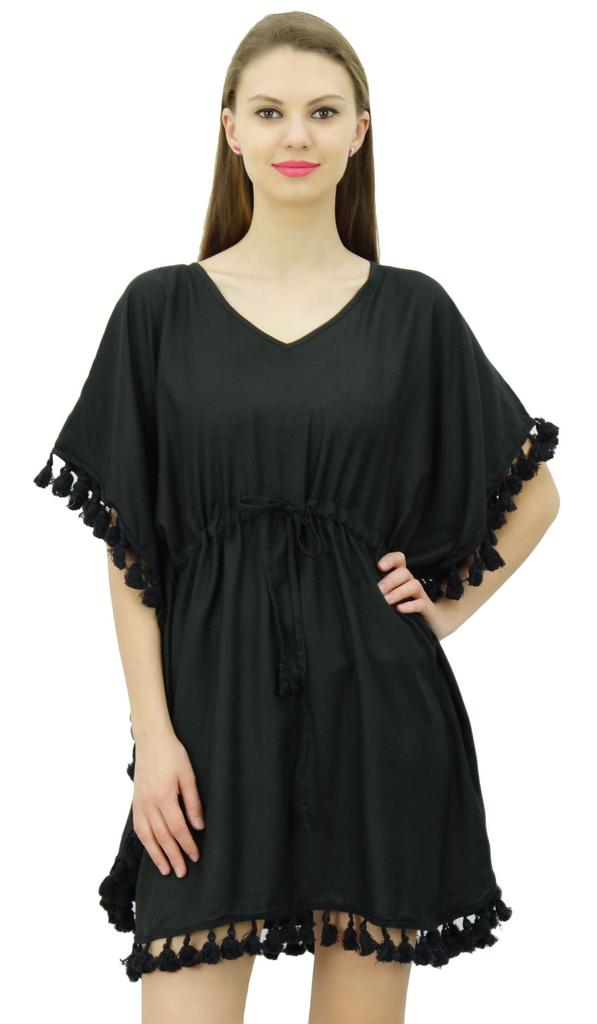 Bimba Women's V Neck Tassel Kaftan Short Rayon Caftan Designer Beachwear Coverup