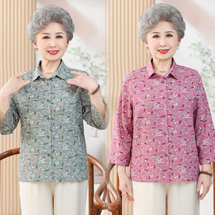 Women's Floral Pure Cotton Long-Sleeve Shirt for Elderly, Perfect for Spring & Autumn
