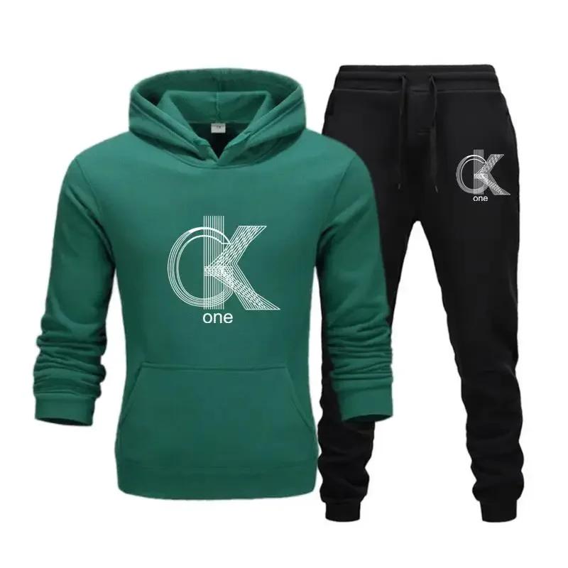 Linegeo Men Hoodie & Jogger Set, Refined Striped Interlocked Letter Art Print, Thick Fleece Sport Two Piece Set for Street Leisure