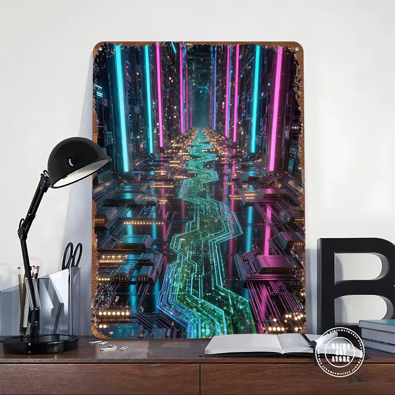 Cyberpunk Circuit Board Corridor Metal Poster Customized Wall Art Retro Vintage Tinplate Signs for Aesthetic Decoration Room