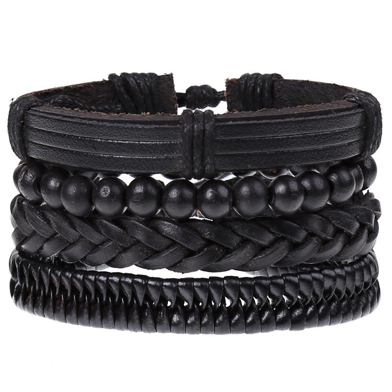 Retro Woven Cowhide Leather Men's Bracelet Set - European & American Handmade DIY Knot