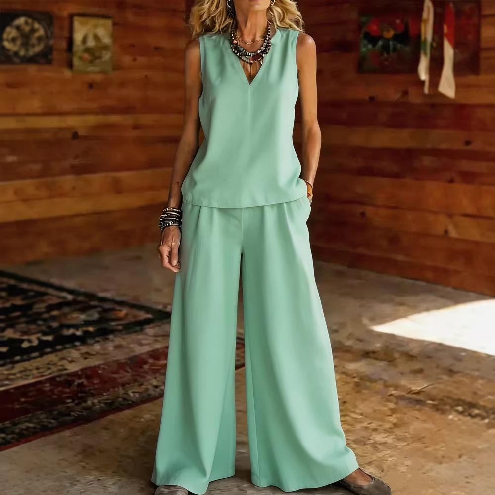 2026 Amazon Europe and the United States Cross-border Explosion Solid Color Elegant Two-piece Set V-neck Vest and Wide-leg Pants Set Women's Clothing
