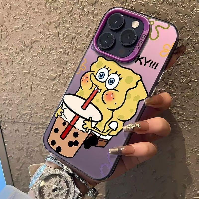 Milk Tea SpongeBob SquarePants Suitable for Apple 16PROMAX/iPhone15/iPhone14 Couple Colored Silver Mobile Phone Case