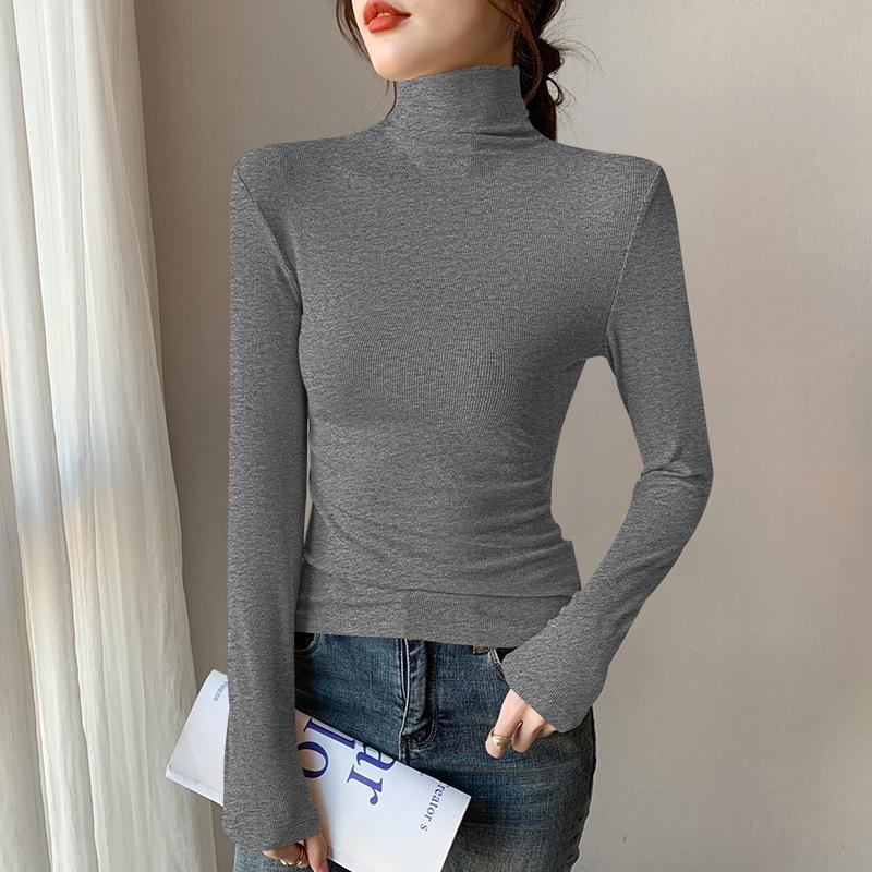 Women's Half-High Collar Ribbed Shirt: Mid-Length Sleeves, High Elasticity, Perfect for Autumn/Winter.