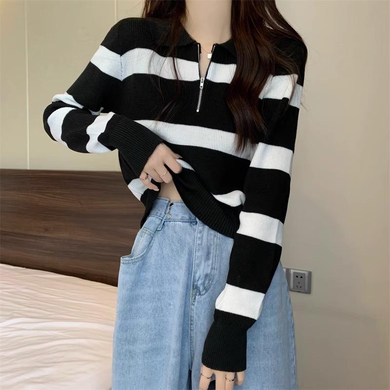 Zipper Knit Base Layer Inner Wear Striped Knit Shirt Women Autumn Winter Long Sleeve Top Winter