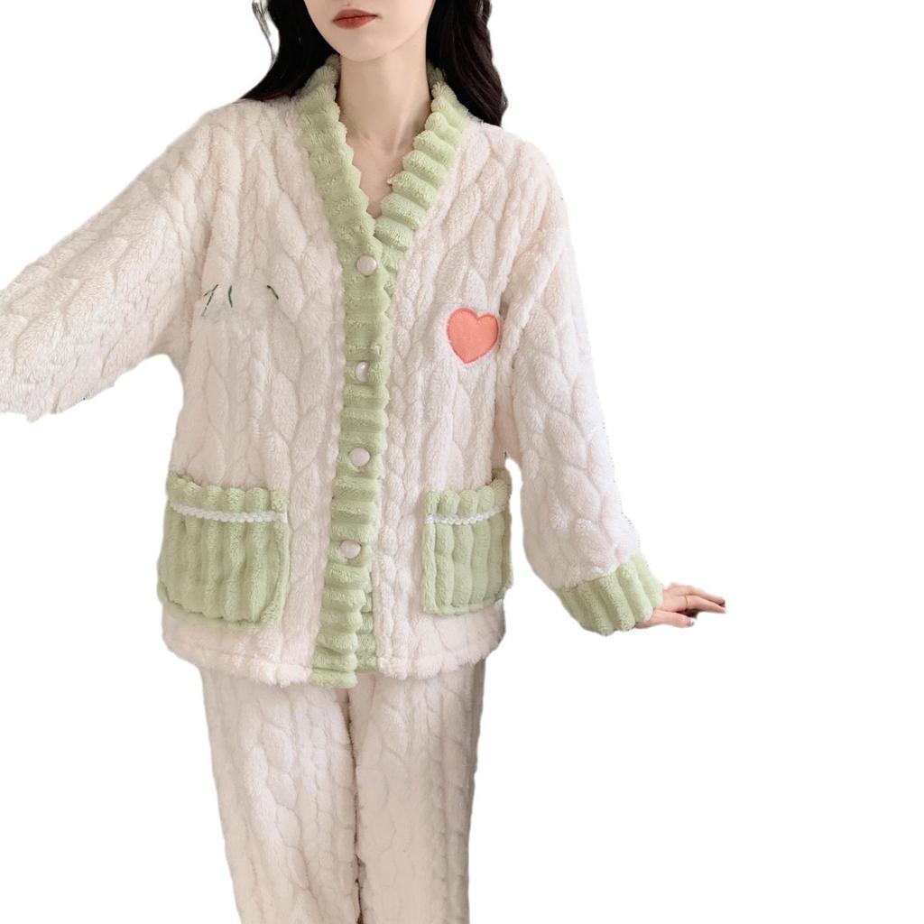 Women's Coral Fleece Pajamas - Warm, Thick, & Sweet Flannel for Fall/Winter, Wear Indoors/Outdoors