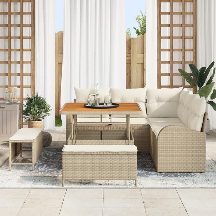 Ensemble de canapé de jardin 8 pièces avec coussins beige en poly rattan acacia, Canapé de jardin 2 places avec coussins 3362386
