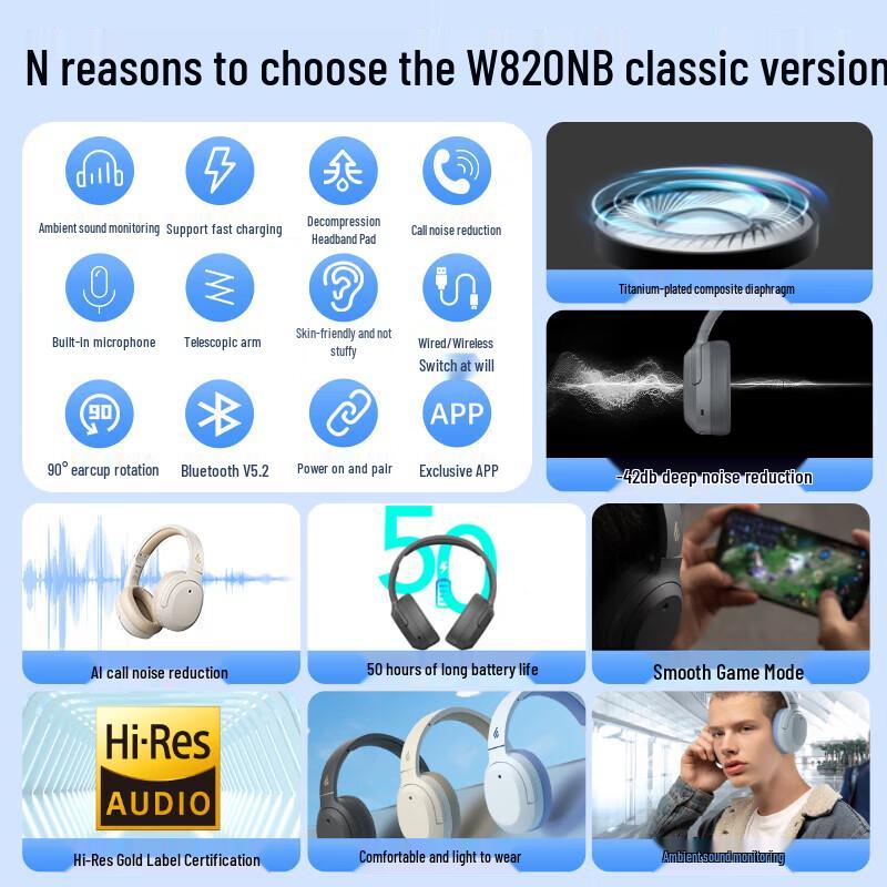 Edifier W820NB Dual Gold Standard Edition Active Noise Cancelling Bluetooth Headphones