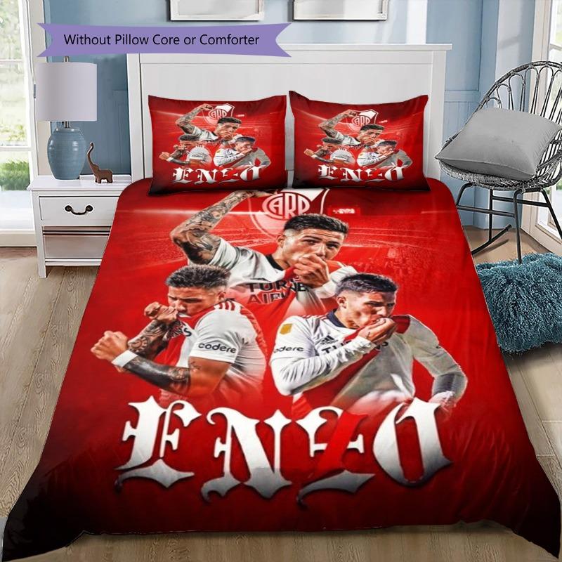 River Plate FC Red Background Vertical Black Stripe Shield Crest Bedding Set Argentine Soccer Duvet Cover Football Fan Bedroom Home Decor Bedding
