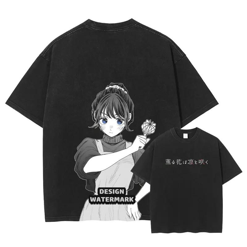 Japanisches heißes Anime-T-Shirt mit duftender Blume, die Würde ausstrahlt, Oversized, Unisex, heißes Produkt, weich, hohe Qualität, gewaschenes Vintage-T-Shirt