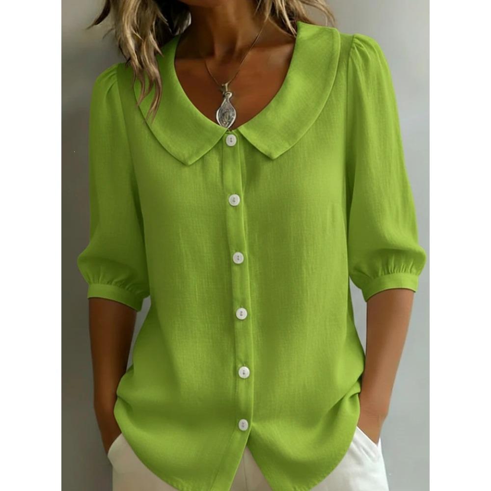 Women's Peter Pan Collar Puff Short Sleeve Button Down Solid Linen Blend Shirt Loose Casual Blouse For Summer Daily Office