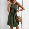A-line Short Solid Color Women Vest Sleeveless Dress O Neck