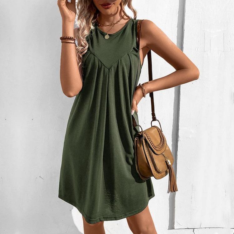 A-line Short Solid Color Women Vest Sleeveless Dress O Neck