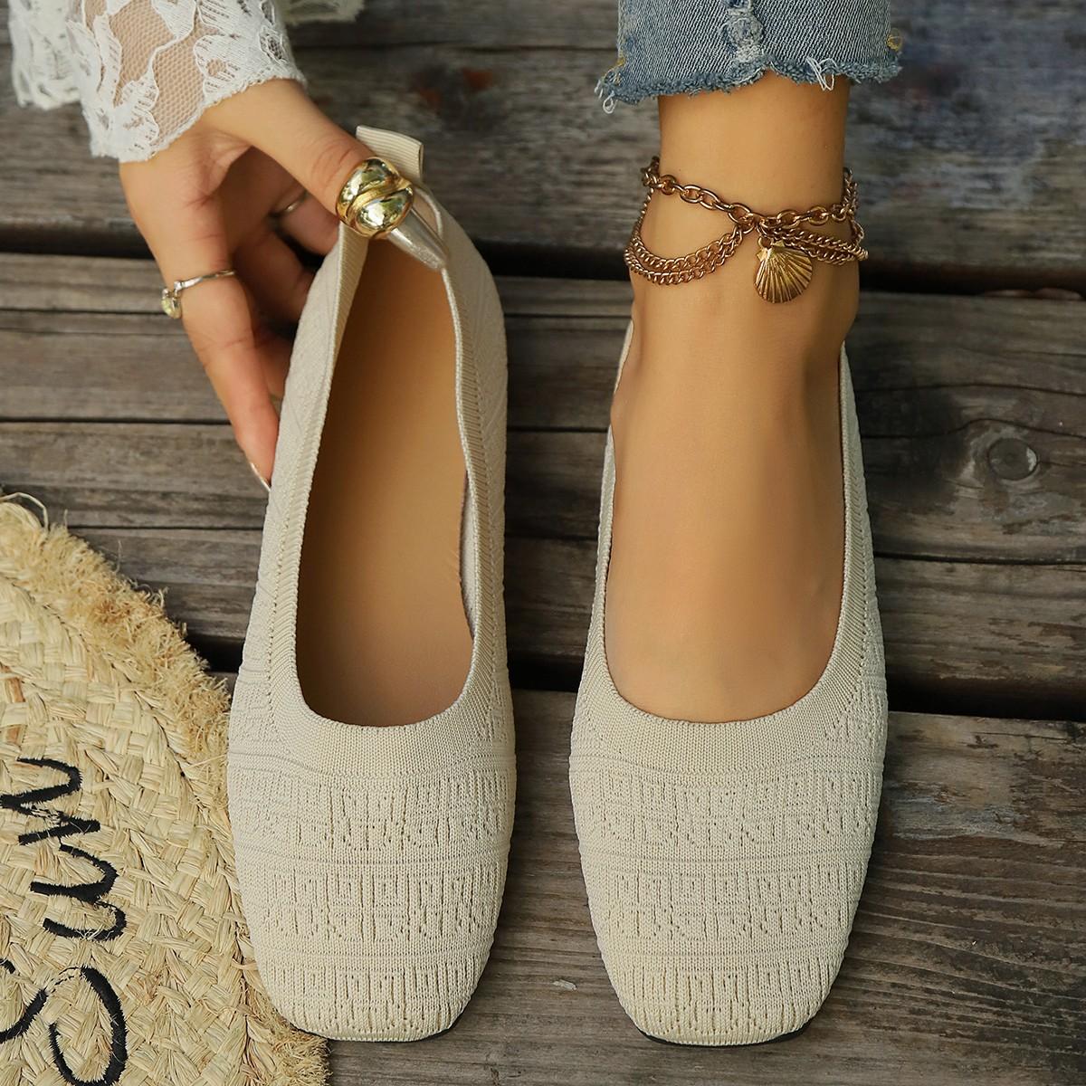 Fashion New Women Squaer Toe Flat Shoes Solid Color Knitted Slip on Shoes Casual Breathable Ballet Flats Women Flats Shoes Loafers Women 36 2314₽