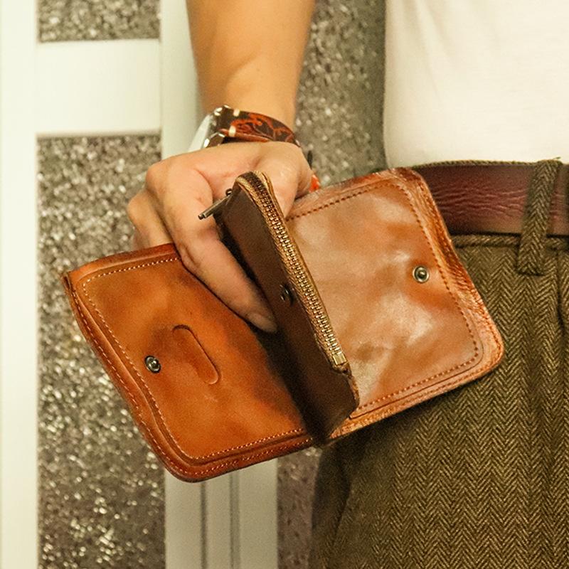 New Top Layer Cowhide Wallet for Men, Retro Two Fold Short Zipper Wallet, Pleated Handmade Old Cowhide Wallet