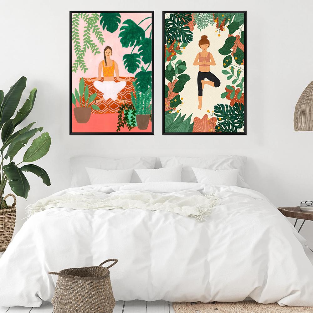 In Meditation Kunstdruck Yoga Dame Pflanze Darstellung Atmen Leinwand Abstrakte Blume Mädchen Wand Bild Für Wohnzimmer Wohnkultur