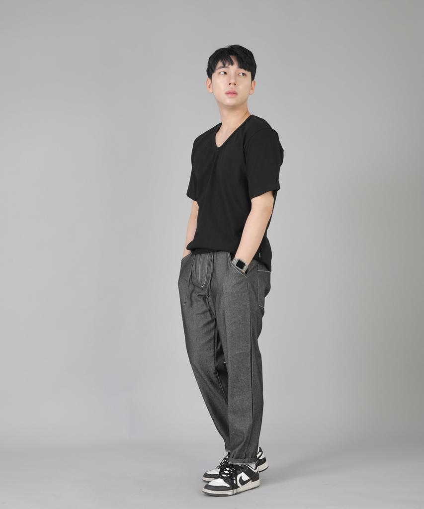 Seinteukeulu Bridgefill Elastic Waist Pants Bwd-324 Gray Black Denim Whs