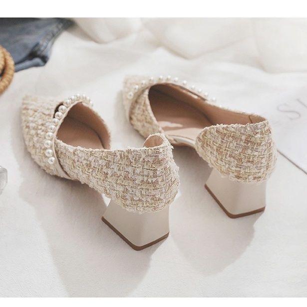 Einzelne Schuhe Damen dicker Absatz sanfter kleiner duftender Wind Perle Seite leer Frühling und Sommer Wind Fee flache Öffnung High Heels