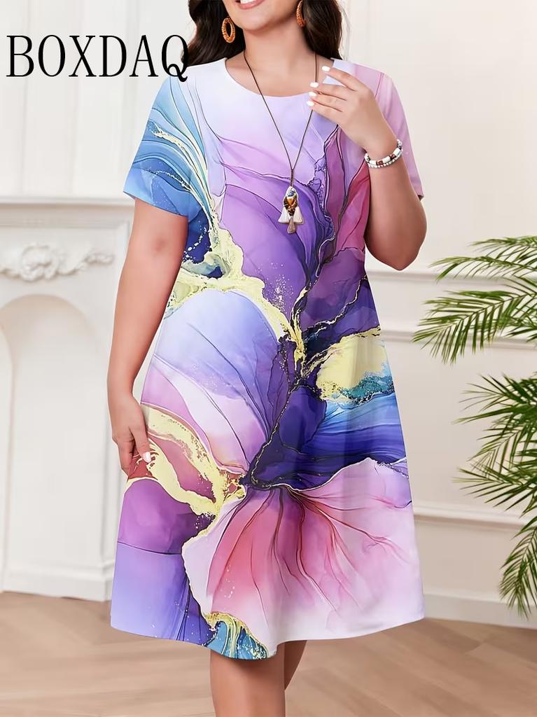 Women Elegant Flower Pattern Mini Dresses Short Sleeve 3D Flower Printed Street Fashion Ladies Dress 6XL Plus Size Loose Dress