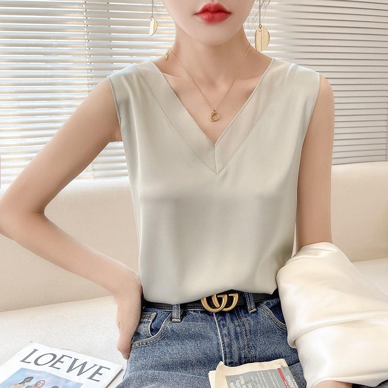 VEZFAA Chemisiers et chemises à col en V sans manches pour femme, mode décontractée, été, printemps, couleur unie, imprimé