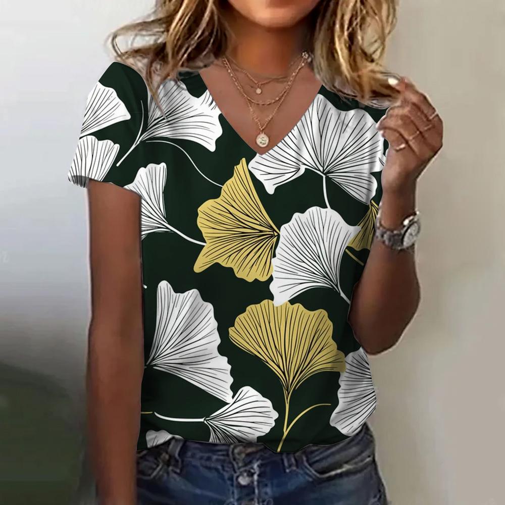

Женская футболка с цветочным принтом, летняя, свободная и удобная, с коротким рукавом, с узором, V-образным вырезом, повседневная футболка, повседневная элегантная одежда 6XL
