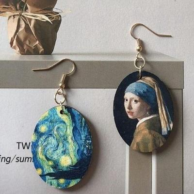 Retro-Ölgemälde-Stil Mädchen ovale hölzerne Tropfenohrringe für Frauen