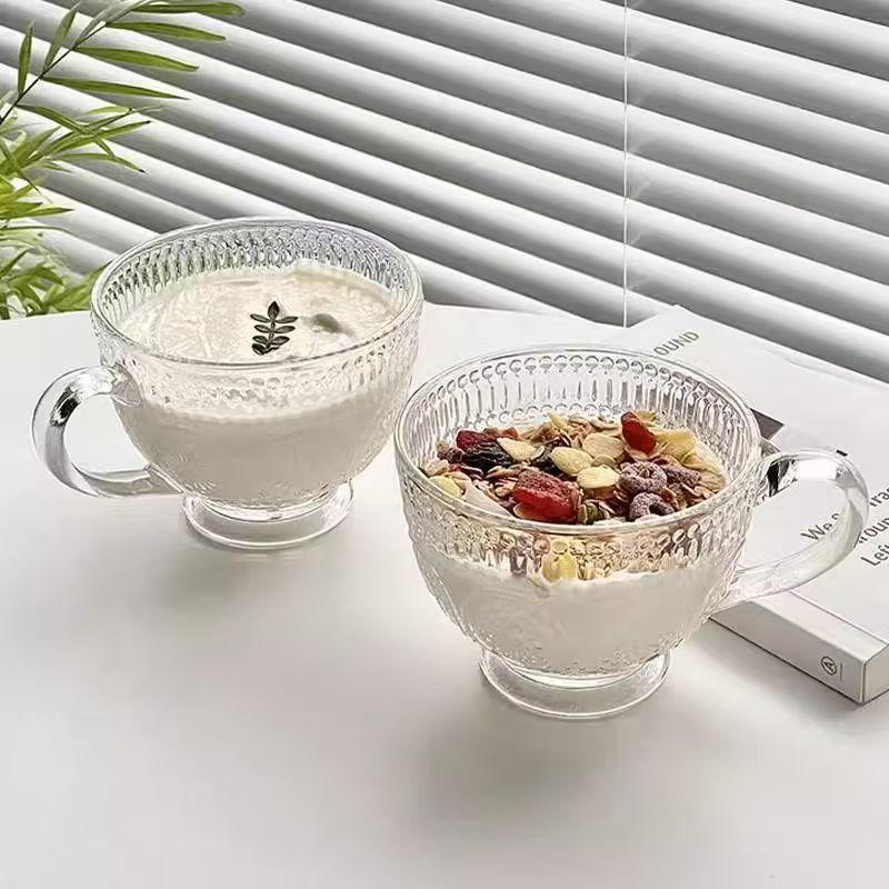 Retro Sunflower Stripe Glass Cup for Oatmeal & Milk, Large Capacity with Handle
